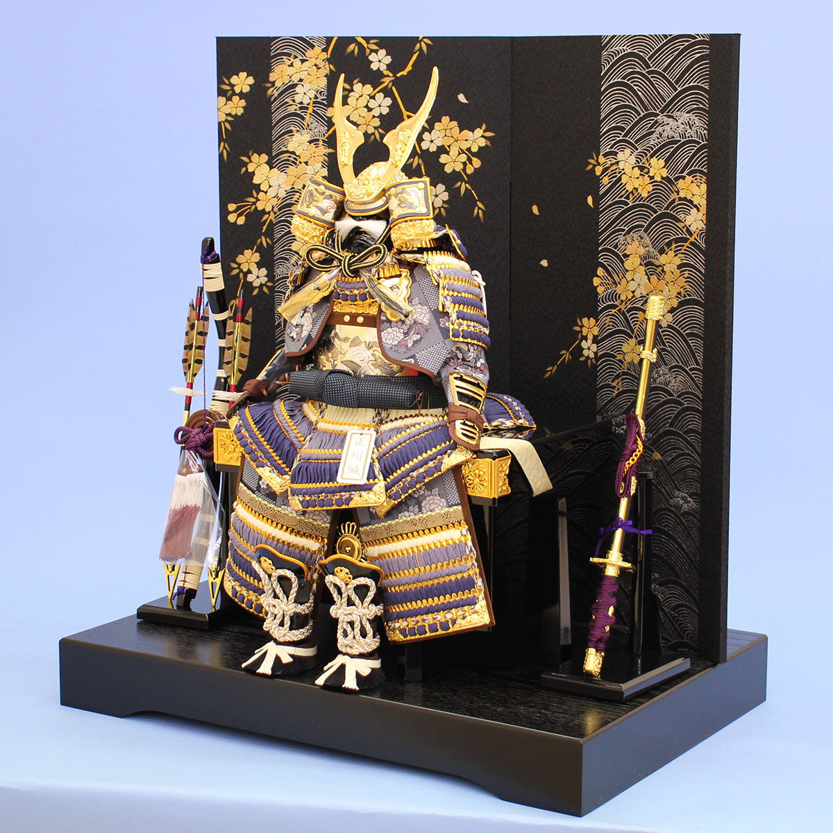 Boy's Day doll armor decoration Width 60cm Height 67cm Azure armor Four-sided wave with cherry blossom flat decoration set