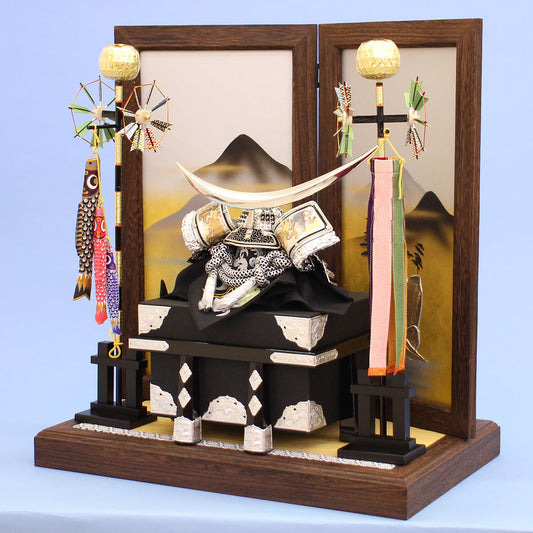 五月人偶兜装饰,宽60cm,No.12银雕伊達兜,烧桐龙门装饰