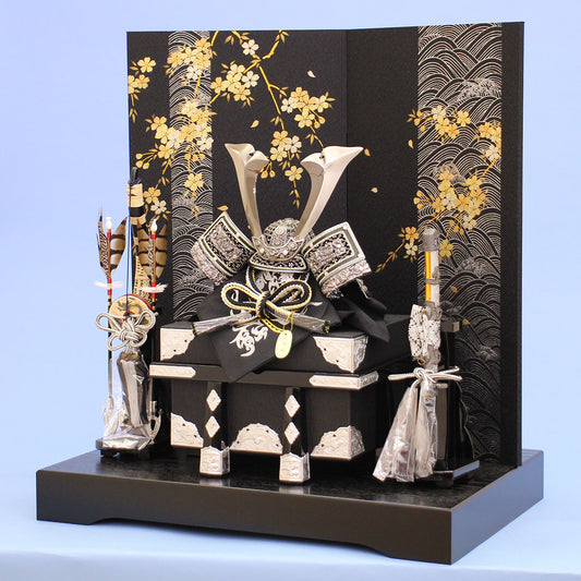 五月人偶兜装饰 宽60cm No.12 伊達烟熏银兜 四面波纹樱花扁平装饰套装