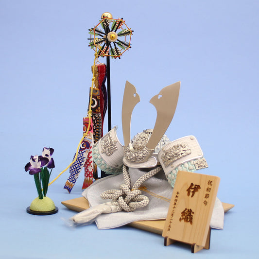 五月人偶兜装饰 宽35cm 第8号 粉彩绿色 小帽檐兜 鯉鱼旗天空装饰套装