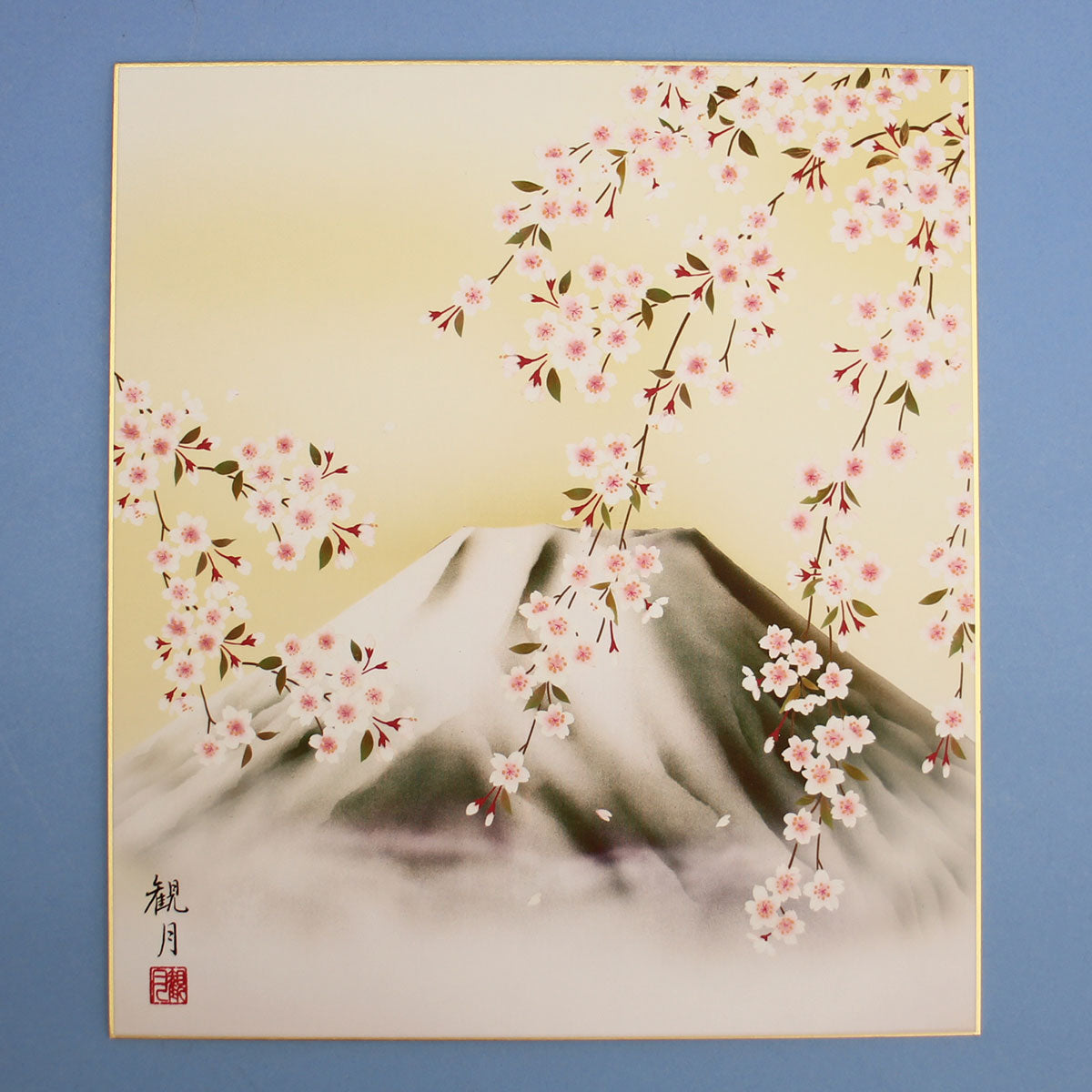 山水画色紙 桜に富士
