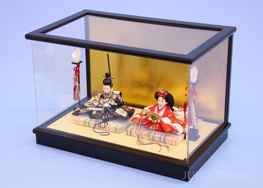 雛人形ケース飾り 飾るタイプ二人 幅39㎝ まめびな 黒枠金バック