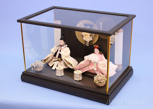 雛人形ケース飾り 二人 幅48㎝ 小三五親王 黒枠丸格子