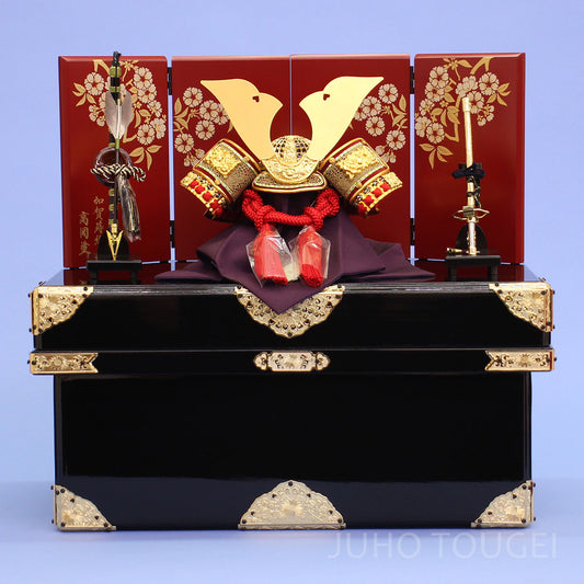 五月人形 兜収納セット 幅45cm コンパクト5号大鍬形赤威し兜 赤光琳桜