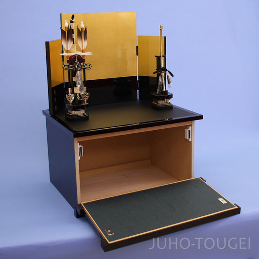 五月人形用収納台屏風 幅 38cm 金箔収納台、屏風、弓太刀セット