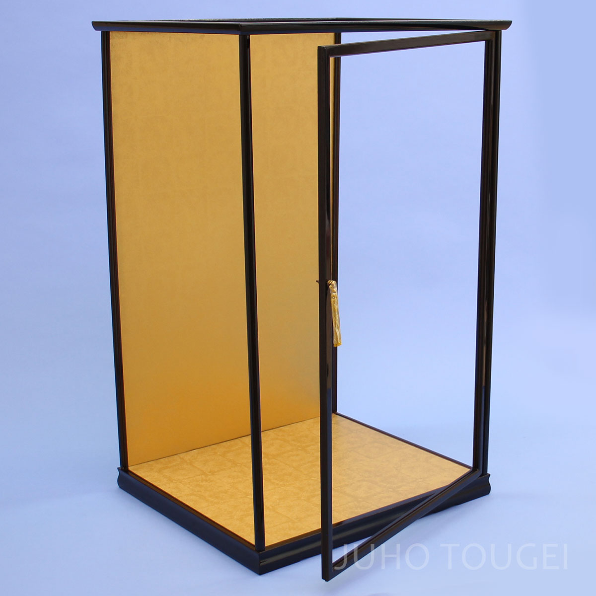 扉付き人形ケース 幅36cm 高さ60cm 尾山60黒(タメ塗り)艶あり金バック
