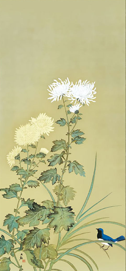 Yokoyama Taikan "Chrysanthemums and Small Bird" Mini Hanging Scroll | Masterpiece Art Print