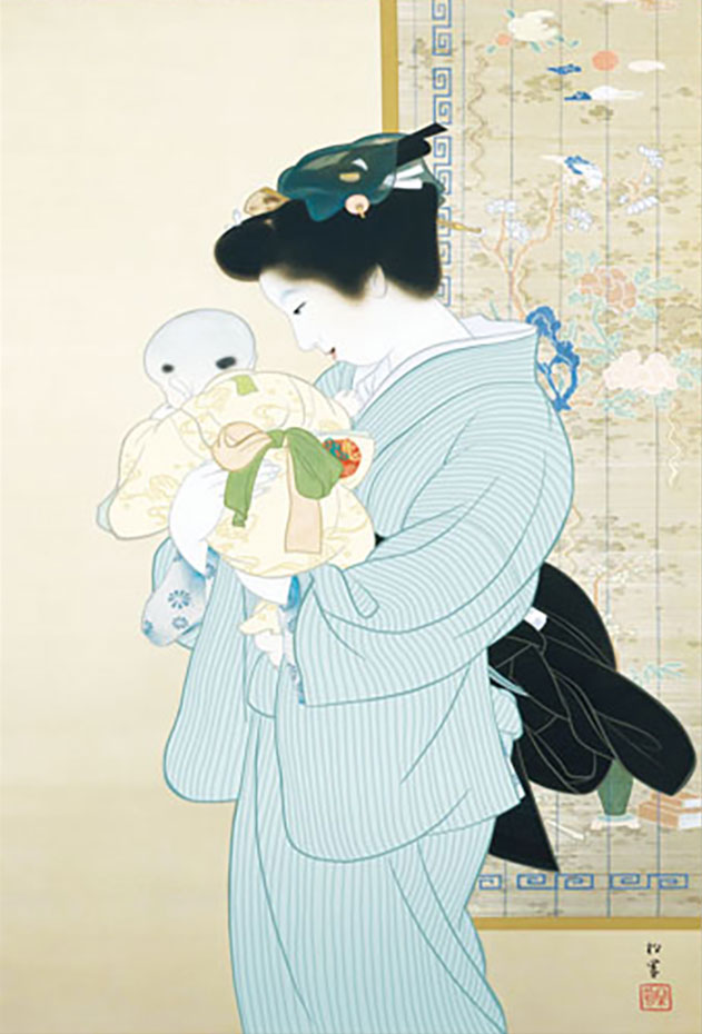 ミニ掛け軸 名画複製画 上村松園 母子