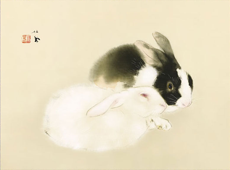 Takeuchi Seihō "Usagi (Rabbits)" Mini Hanging Scroll | Masterpiece Art Print