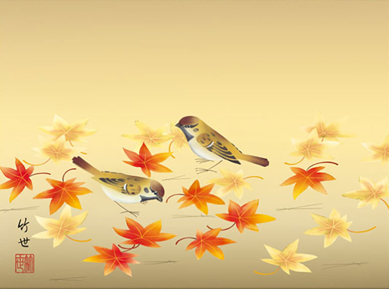花鳥画掛け軸ミニ 紅葉 田村竹世