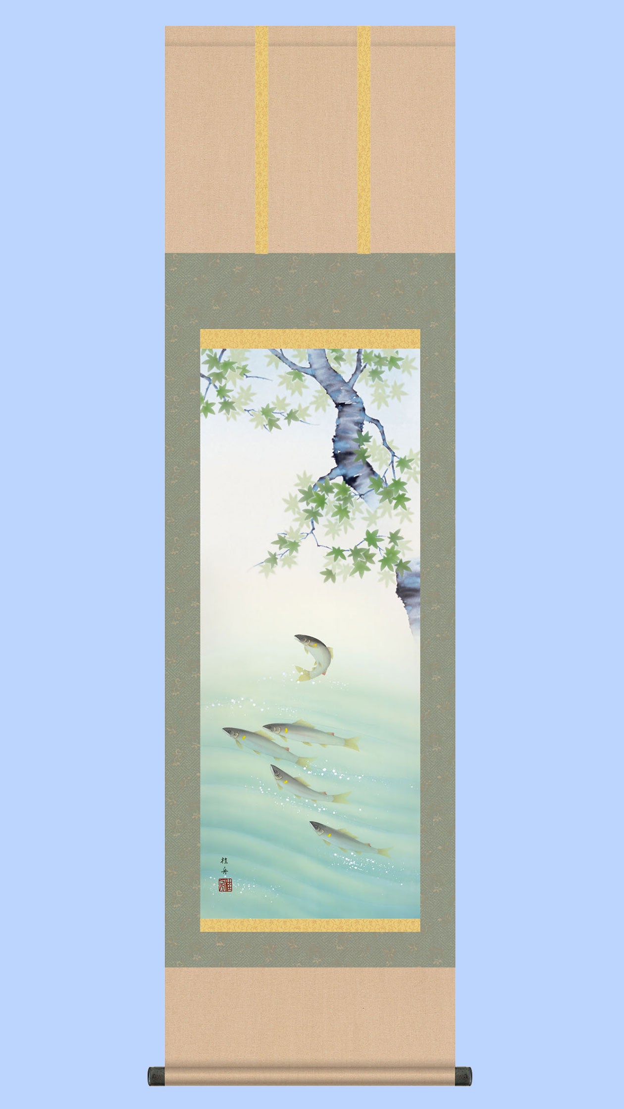 Hanging scroll of a bird and flower painting: Maple leaves