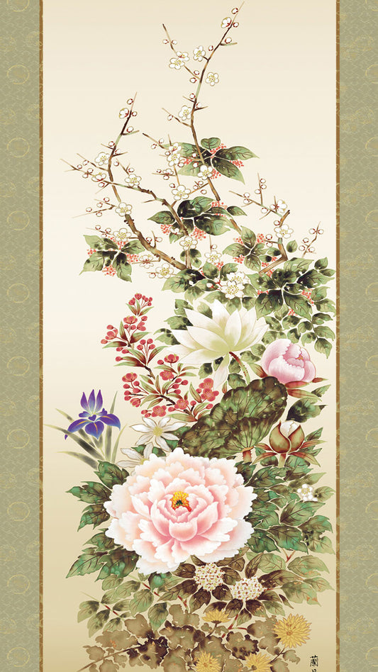 吉井蘭月作的花鸟画挂轴