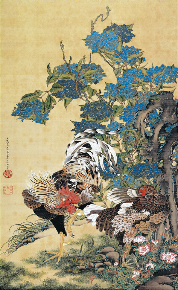 名画複製画 紫陽花双鶏図 伊藤若冲