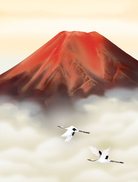 富士山水画掛け軸 赤富士双鶴 宇田川彩悠