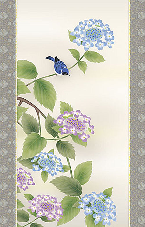 西尾香悦作品《花鸟画挂轴,绣球花与小鸟》