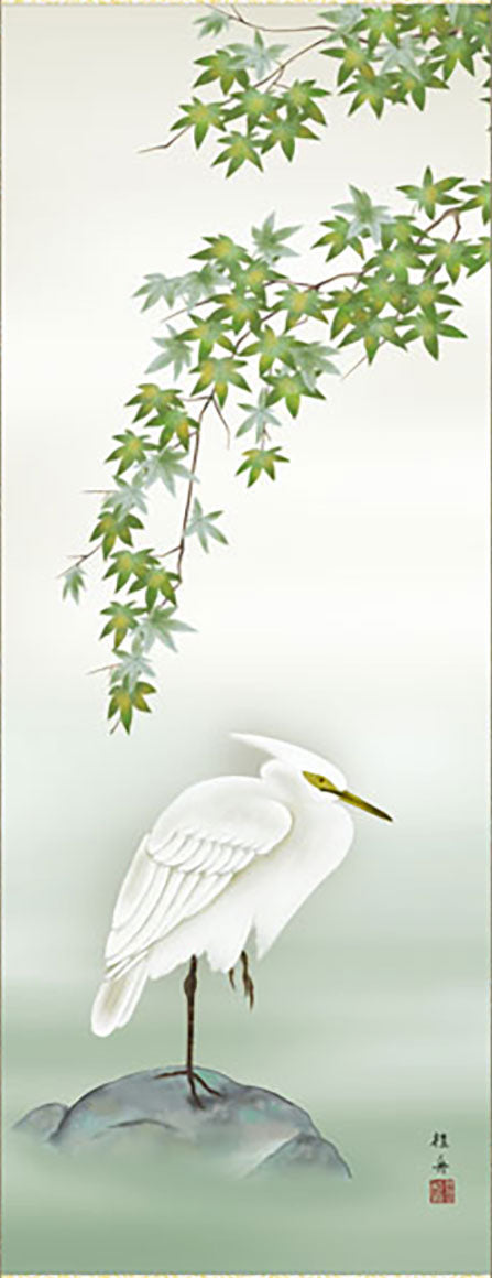 長江桂舟的鸟花画挂轴:枫叶与白鹭