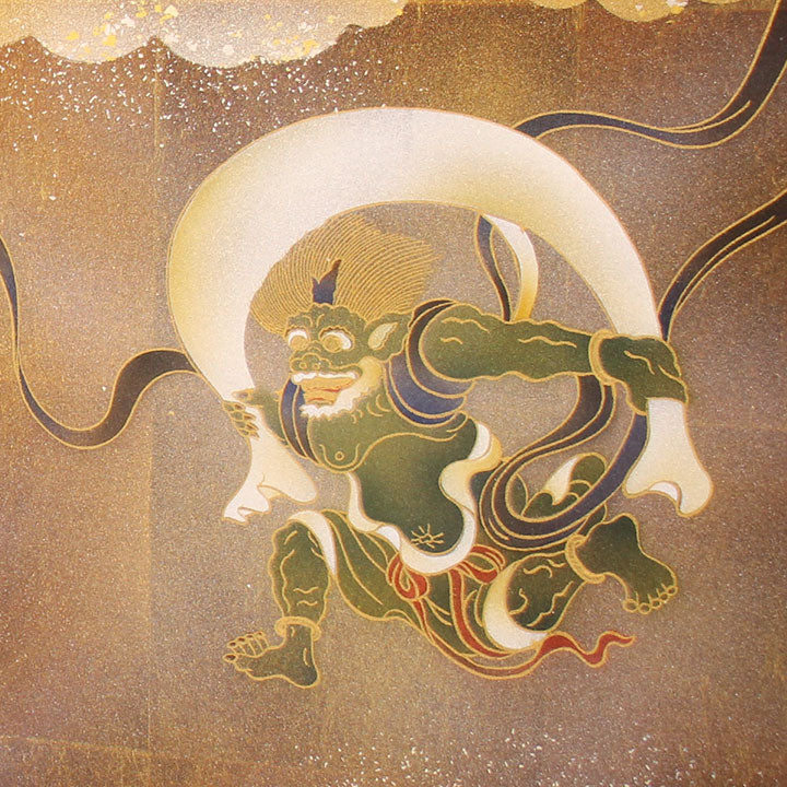 屏風 五月人形 用 高さ69cm 23号二曲本仕立て袋張り屏風 赤茶貝箔風神雷神