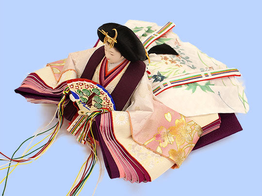 Three-tiered storage for Hina dolls, 70cm wide, 355 dolls, pine, bamboo and plum embroidery, oak drawer style