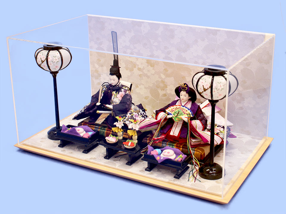 Doll case with lid, width 47cm, height 23cm, acrylic for dolls, white cherry blossom and gold brocade wrapping