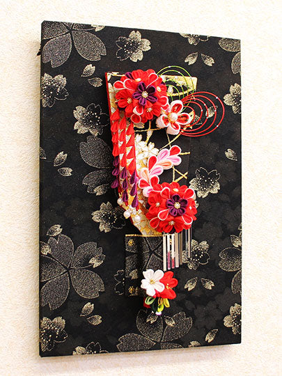 壁掛飾り 高さ30cm JUHO-TOUGEI つまみ髪飾り羽子板 ゴージャス 黒桜