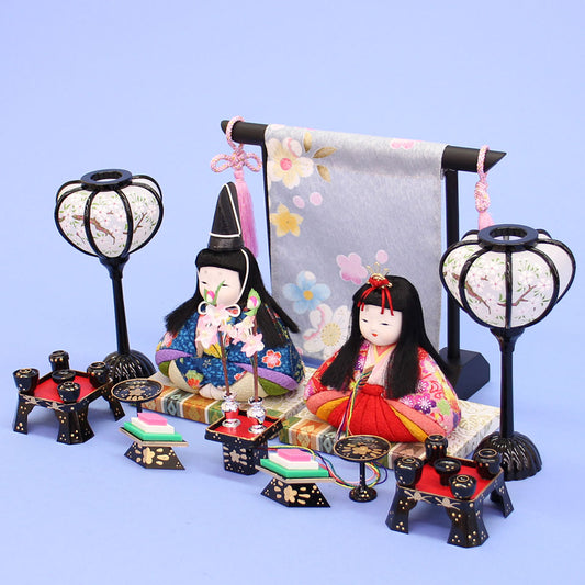木目込み雛人形 寿鳳作豆雛几帳膳揃え飾り 横から