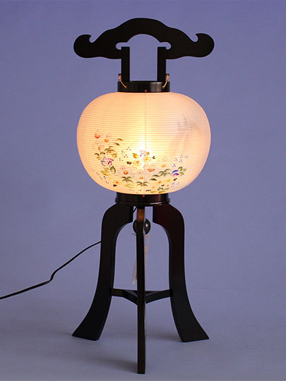 盆提灯大内行灯 黒曜9号 絹重ね絵(小芙蓉に滝)高さ71cm 暗所点灯