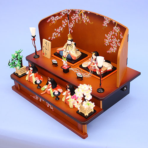 木目込み雛人形 幸一光作うらら五人 家具調二段飾り 横から