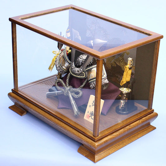Boy's Day doll kabuto case decoration, height 33 cm, smoked silver Tengo kabuto, dark brown painted frame and cover