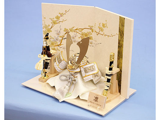 五月人偶兜装饰,宽40厘米,第8号白碗樱花金属兜,金色梅花腰带箔装饰套装