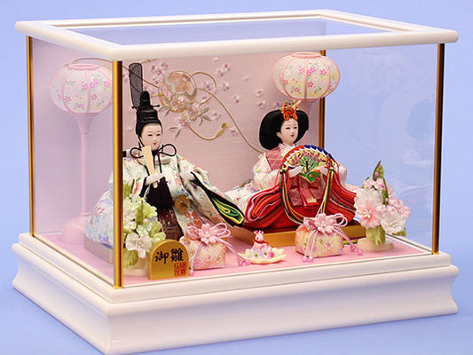 雛人形ケース飾り 二人 小芥子親王ホワイトケース 横から