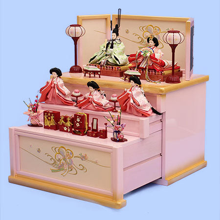 雛人形収納三段飾り 幅50cm柳五人 梅刺繍ピンク引き出し式W50 横から