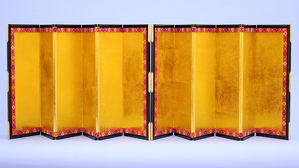 屏風 雛人形用 15号 金屏風 六曲 箔押し柄二重縁付き