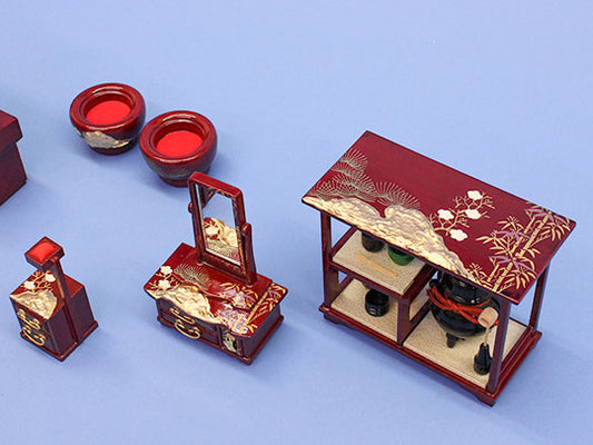 琥珀塗松竹梅家具(木製) 茶道具、鏡台、針箱、火鉢