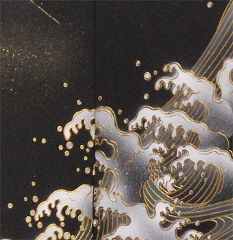 Paravent pour poupées de mai, hauteur 90 cm, tissu noir 30, Fuji sur les vagues, paravent à deux panneaux