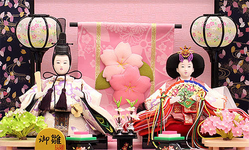 雛人形ケース飾り 二人 小芥子几帳付き六角黒 人形正面