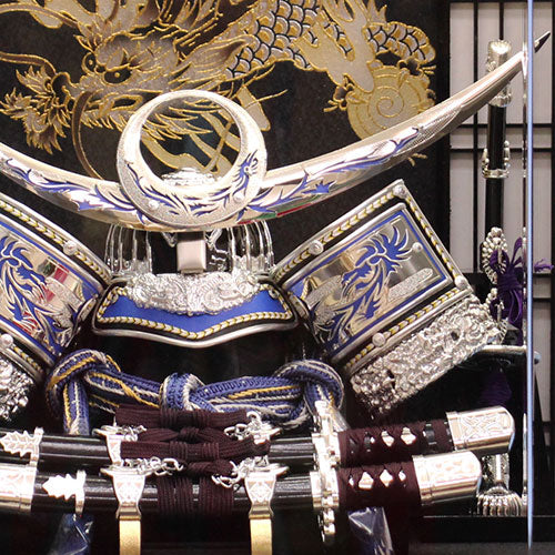 May Doll kabuto Case Decoration Height 38cm Silver Uesugi Kenshin kabuto Blue Blurred Hexagon