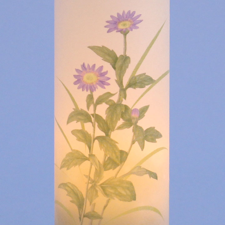 ミニミニサイズ盆提灯高さ19cm インテリア燈明 スタンプS コードレス(矢車菊) 点灯ズーム