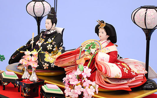 雛人形ケース飾り 二人 幅57㎝ 小三五親王 s2436金彩梅扇六角 人形ズーム