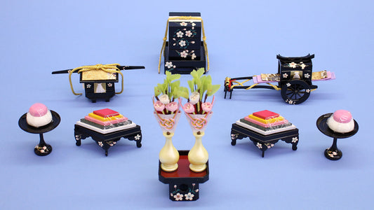 雛道具三段飾り用6点セット 20号桜花(黒塗り)(樹脂製)