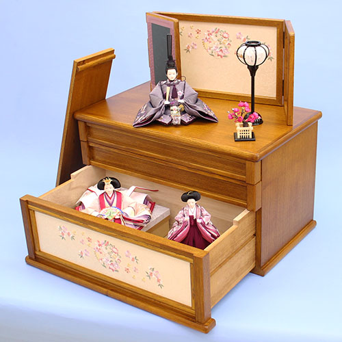 雛人形三段収納飾り　引き出し式オーク60㎝幅　収納イメージ