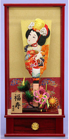 ケース入り羽子板飾り 朱子見立て 福寿