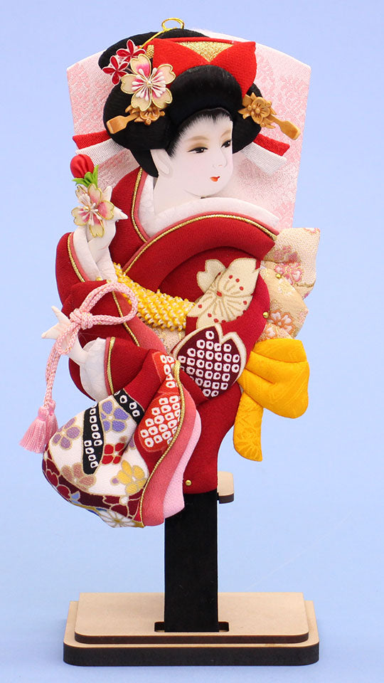 押絵羽子板 牡丹友禅エンジ 台付き