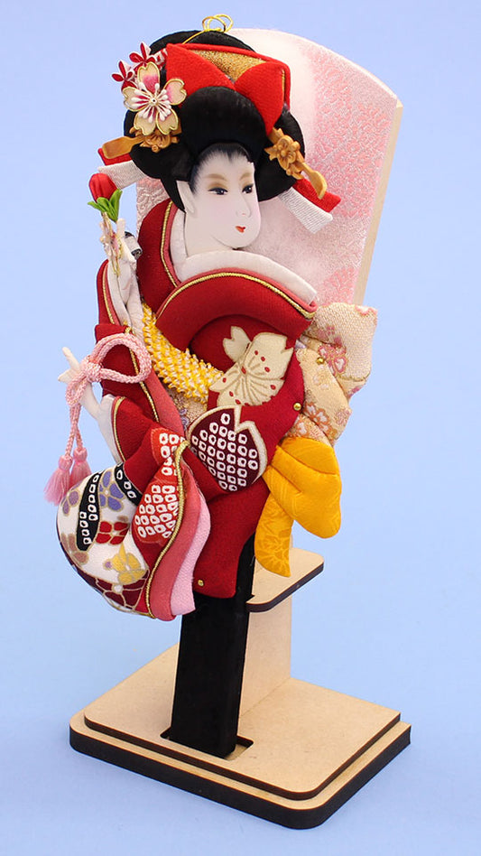 押絵羽子板 牡丹友禅エンジ 台付き　右から