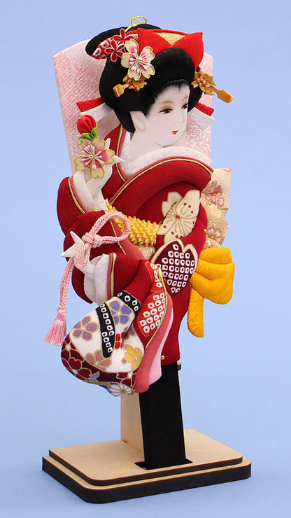 押絵羽子板 牡丹友禅エンジ 台付き　左から