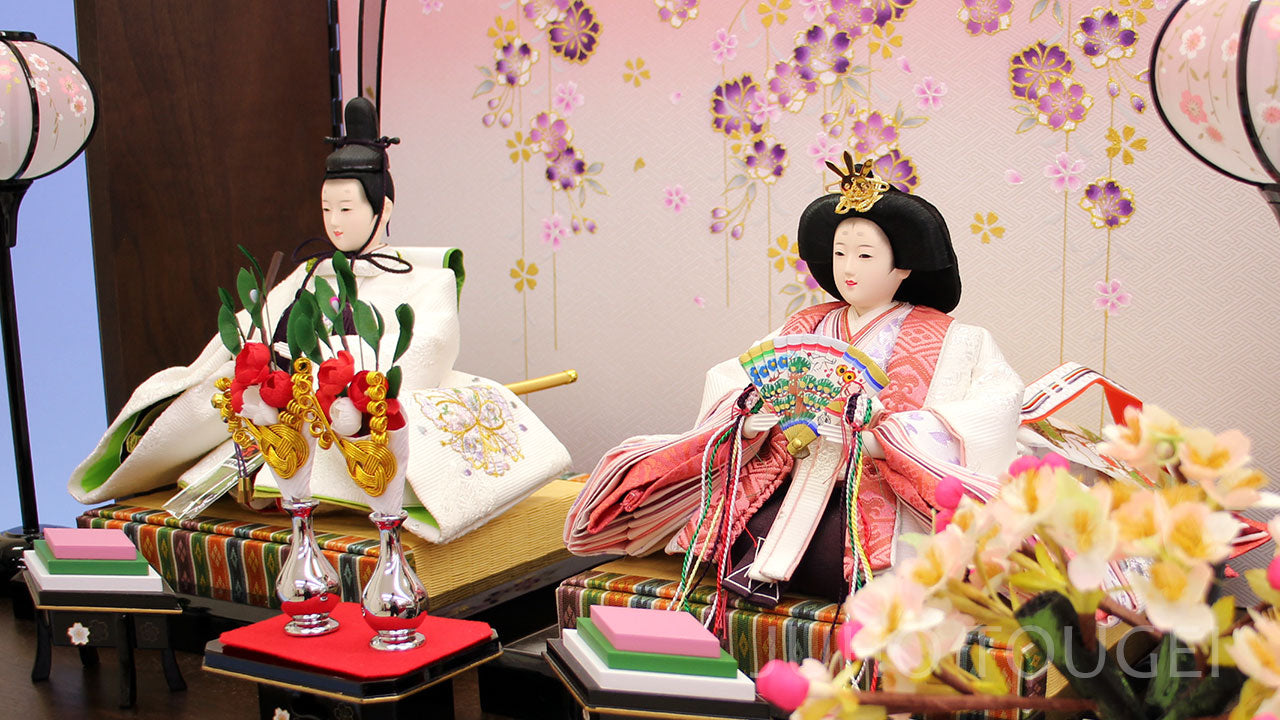 平面雏人偶装饰，宽75厘米 京寿板刺绣白雪环 92231 亲王人偶与公主 传统风格垂樱花