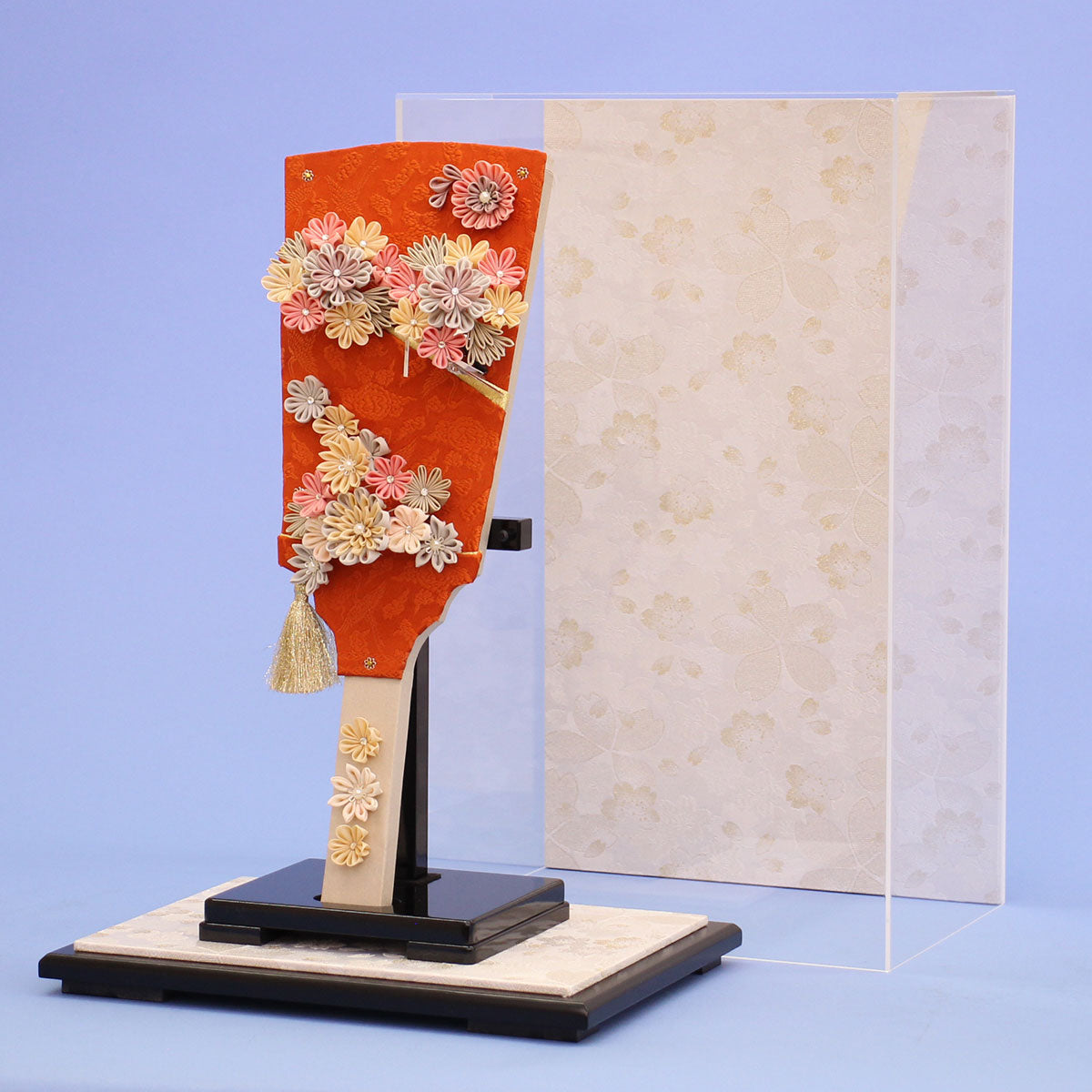 13号つまみ簪羽子板オレンジ鶴　白桜　オープン