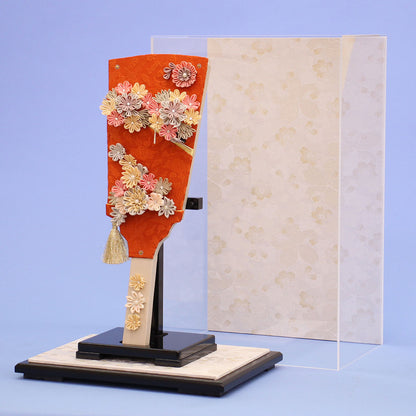 13号つまみ簪羽子板オレンジ鶴　白桜　オープン