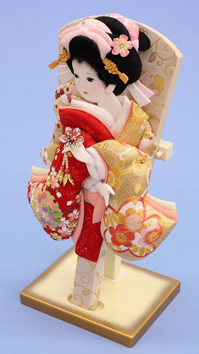 押絵羽子板10体セット　日本の伝統的な人形羽子板　ヴィンテージ 押絵羽子板10号 刺繍美月赤金 金ぼかし台付き|小さく収納できる羽子板