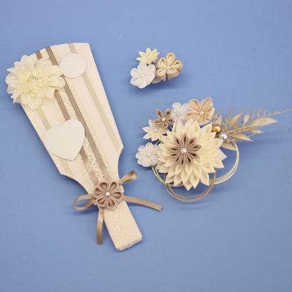 ９号剣つまみ髪飾り羽子板　グレージュ白　ライラック　外す