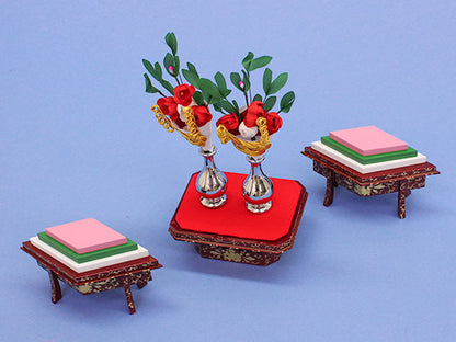 Poupées et accessoires Hina : Sanpo en forme de losange (autel à trois feuilles), taille 30, recouvert d'ambre, véritable arabesque en trèfle d'or (en boise)